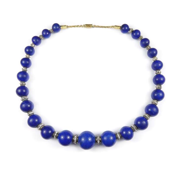 19th century graduated lapis lazuli bead and diamond necklace